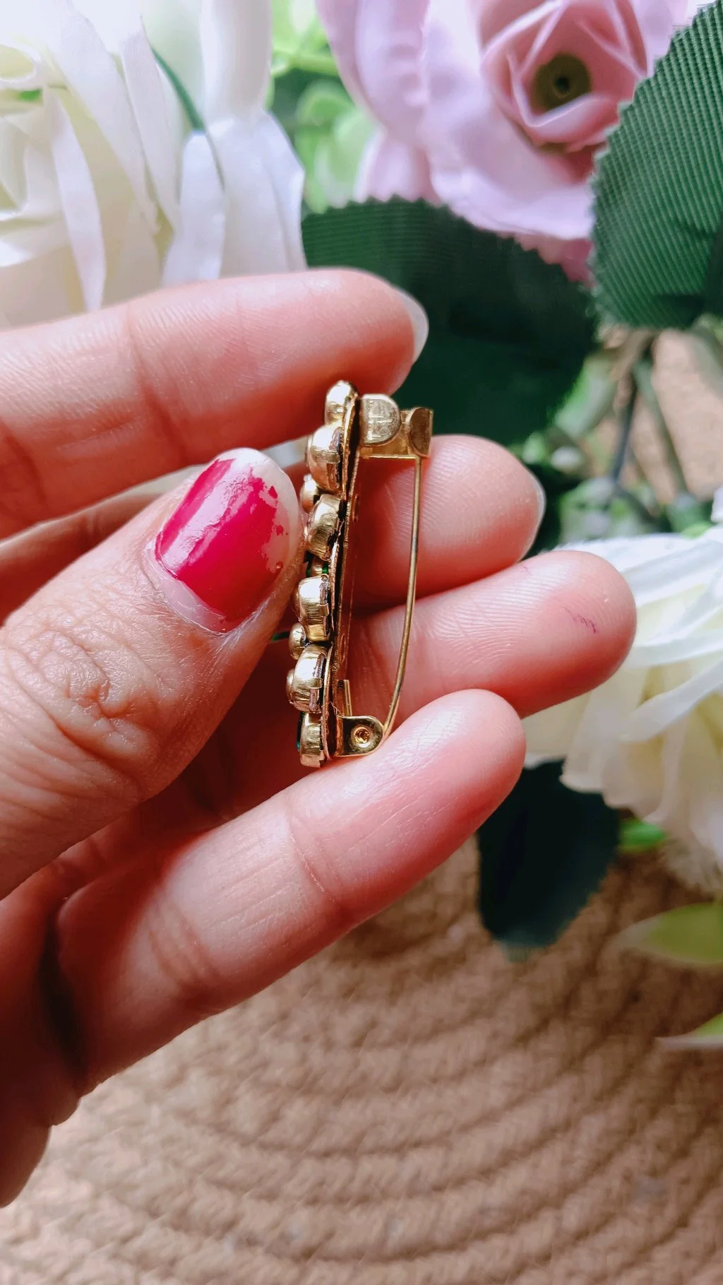 Gold Tone Floral Saree Brooch Pin with Multi-Color Stones thumbnail 5