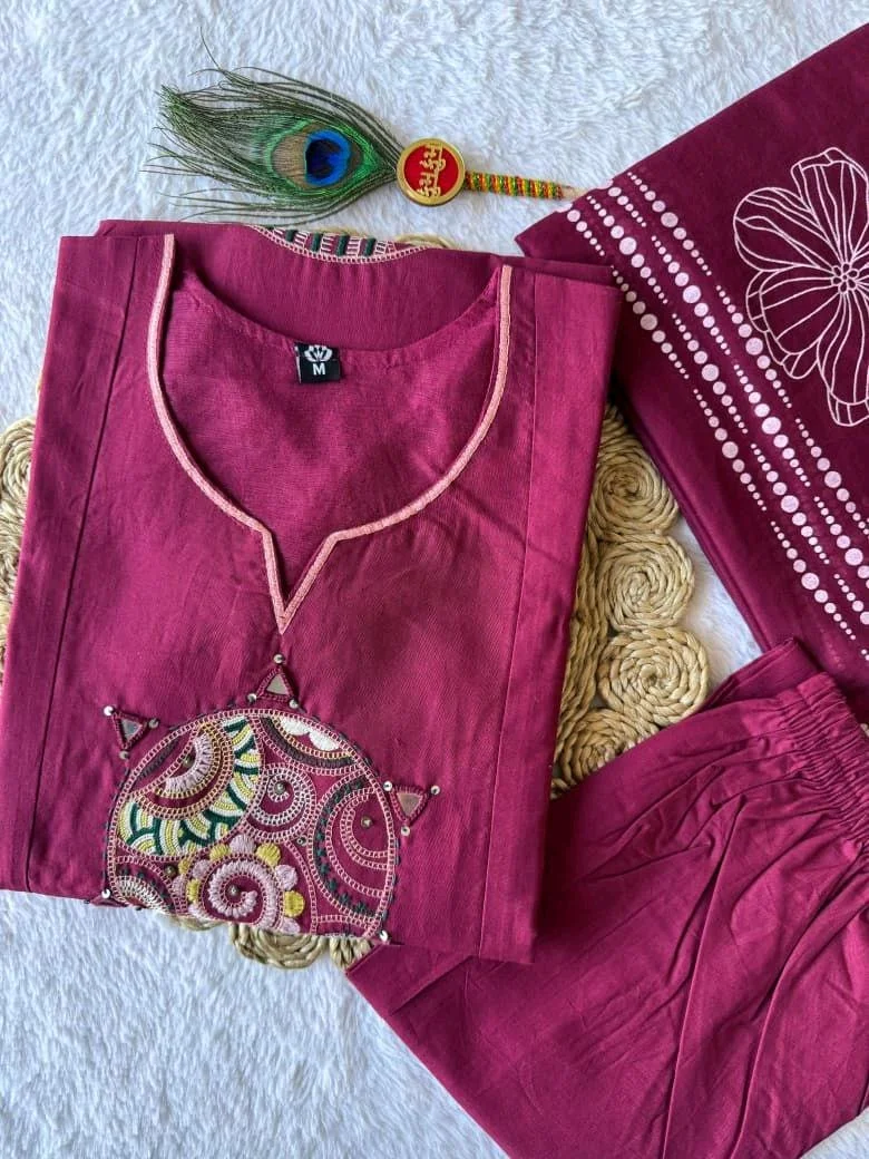 Embroidered Cotton Kurti Set with Dupatta 9