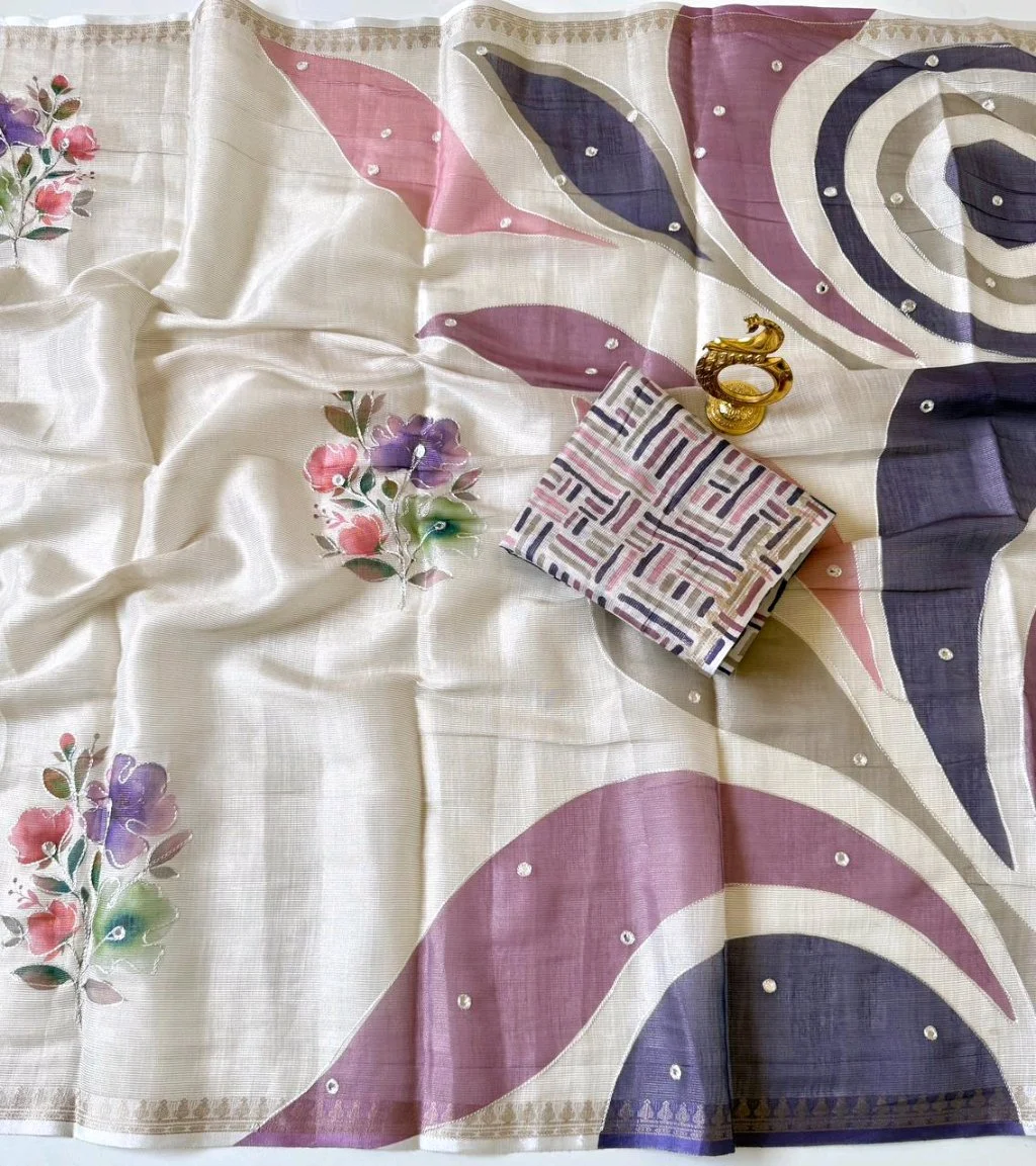 Light Beige Linen Blend Saree with Handpainted Floral Design and Geometric Blouse 7