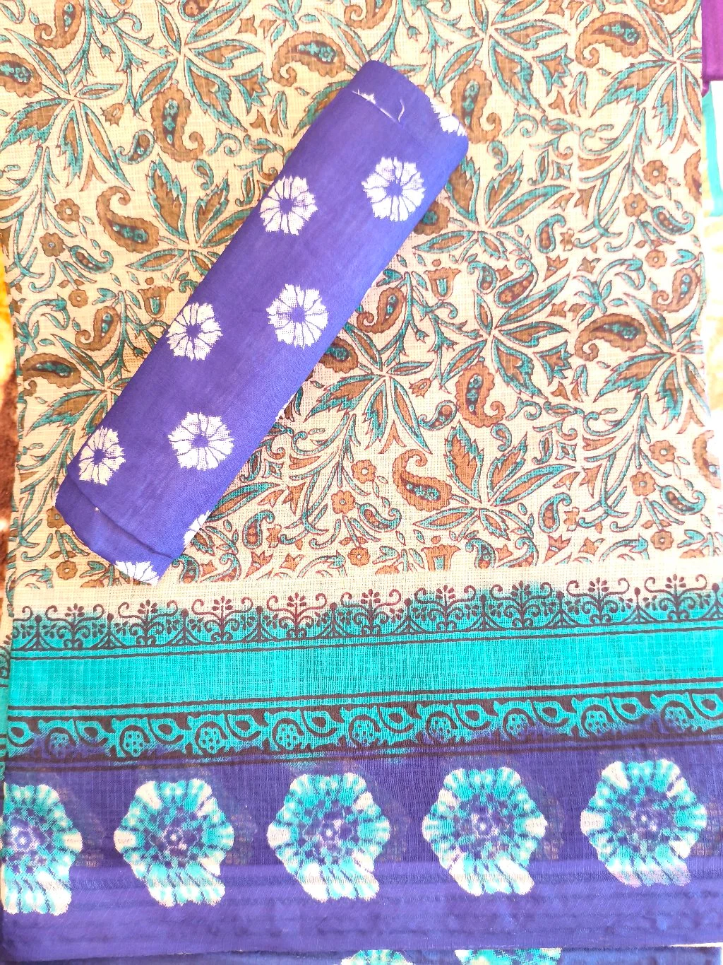 Purple and Teal Block Print Cotton Saree with Floral Blouse