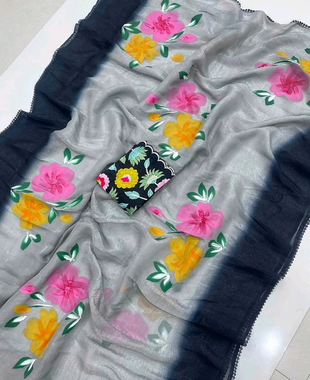 Grey Tie Dye Floral Printed Saree with Embroidered Blouse 1