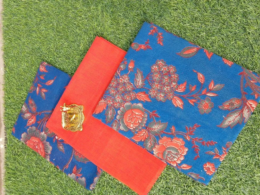 Red Kalamkari Floral Print Cotton Dress Material Set - Variant 4