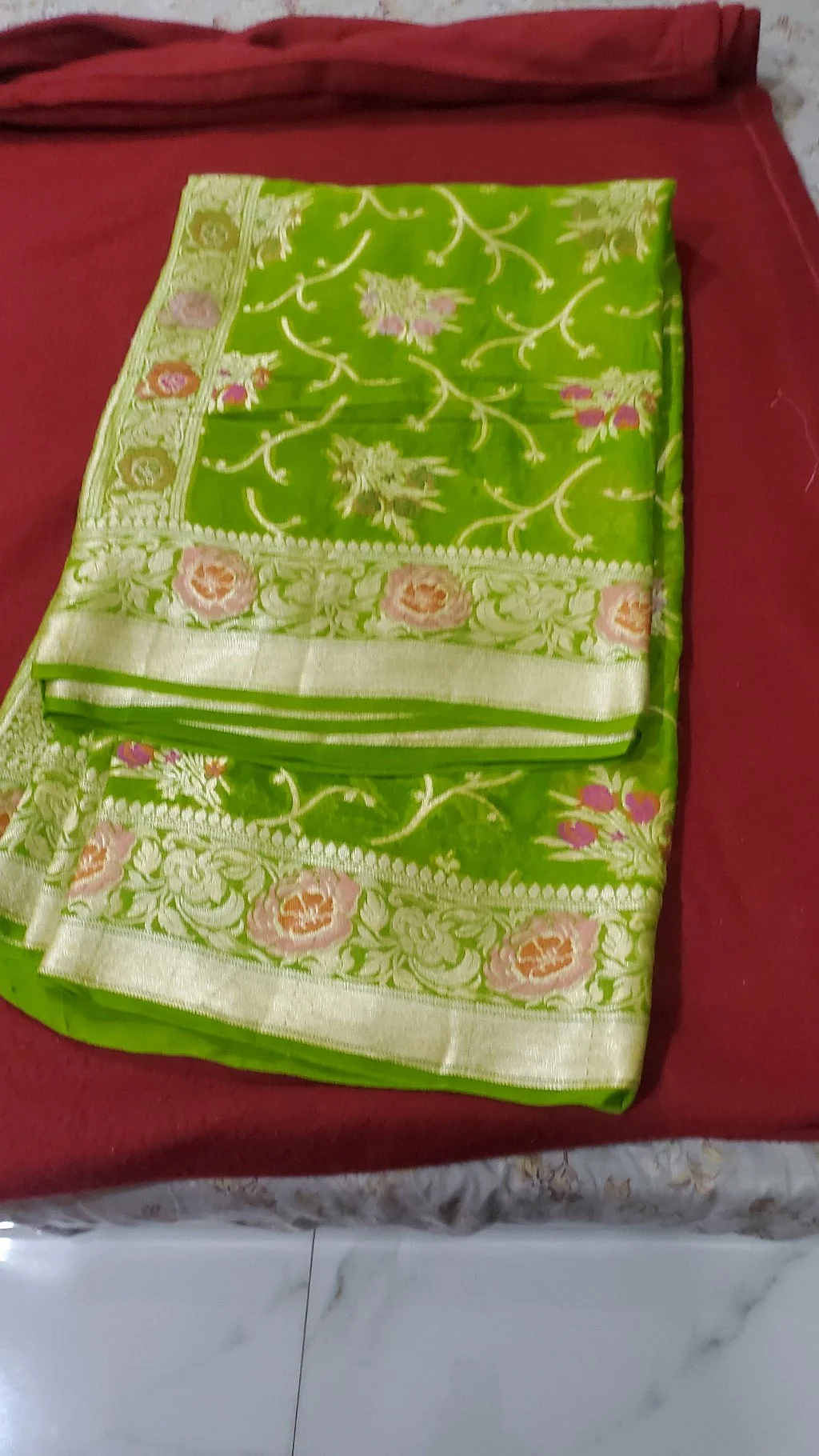 Green Pure Benarasi Chiffon Saree with Gold Zari Floral Weave and Rose Border thumbnail 1