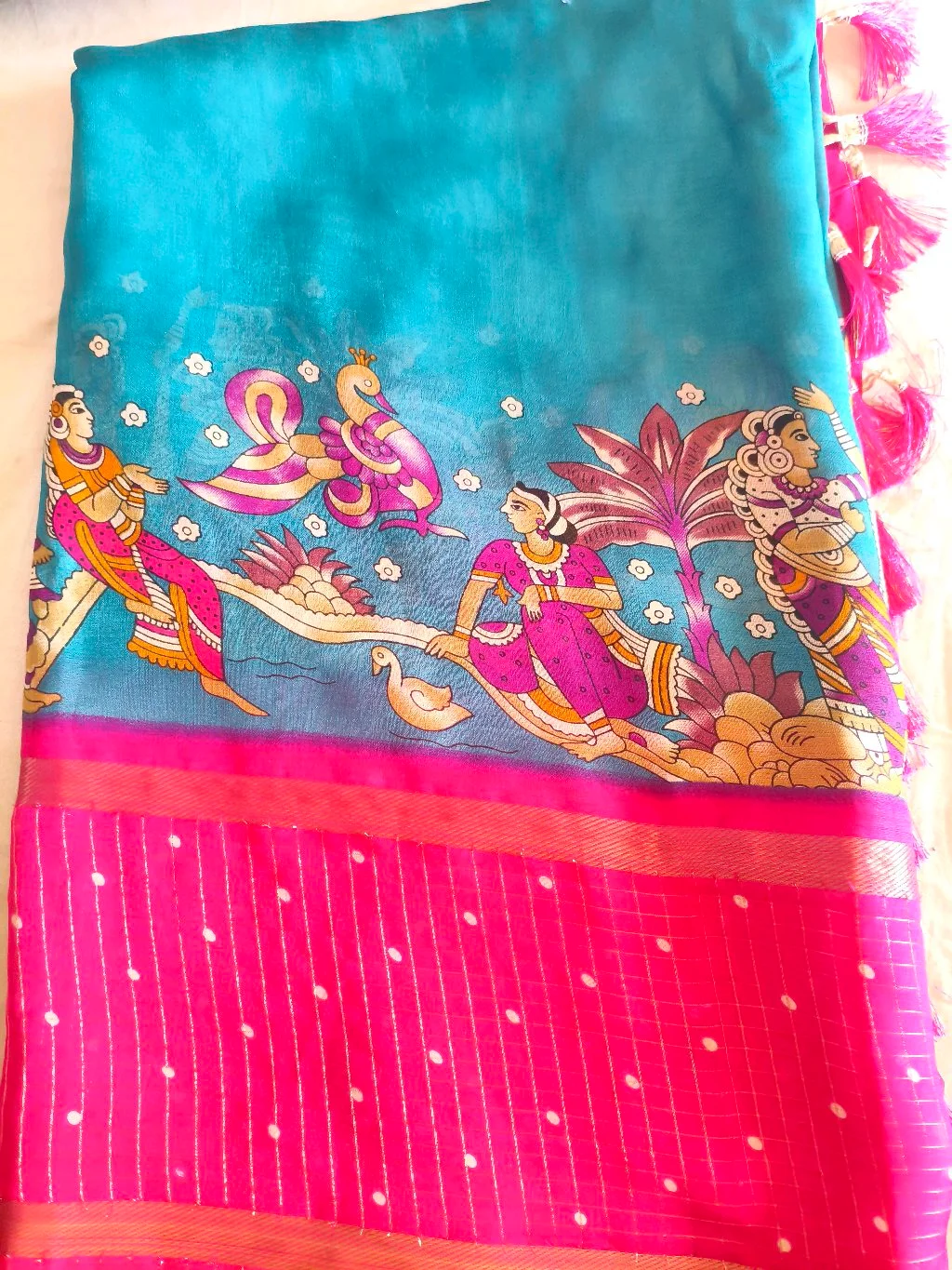 Teal and Pink Kalamkari Print Saree with Blouse Piece 2