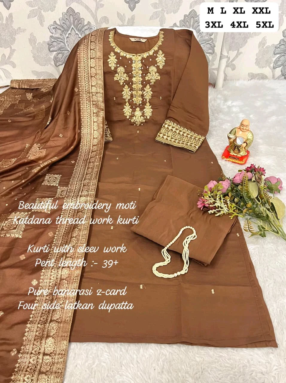 Brown  Heavy Viscose Embroidered Kurta Set with Banarasi Dupatta 2