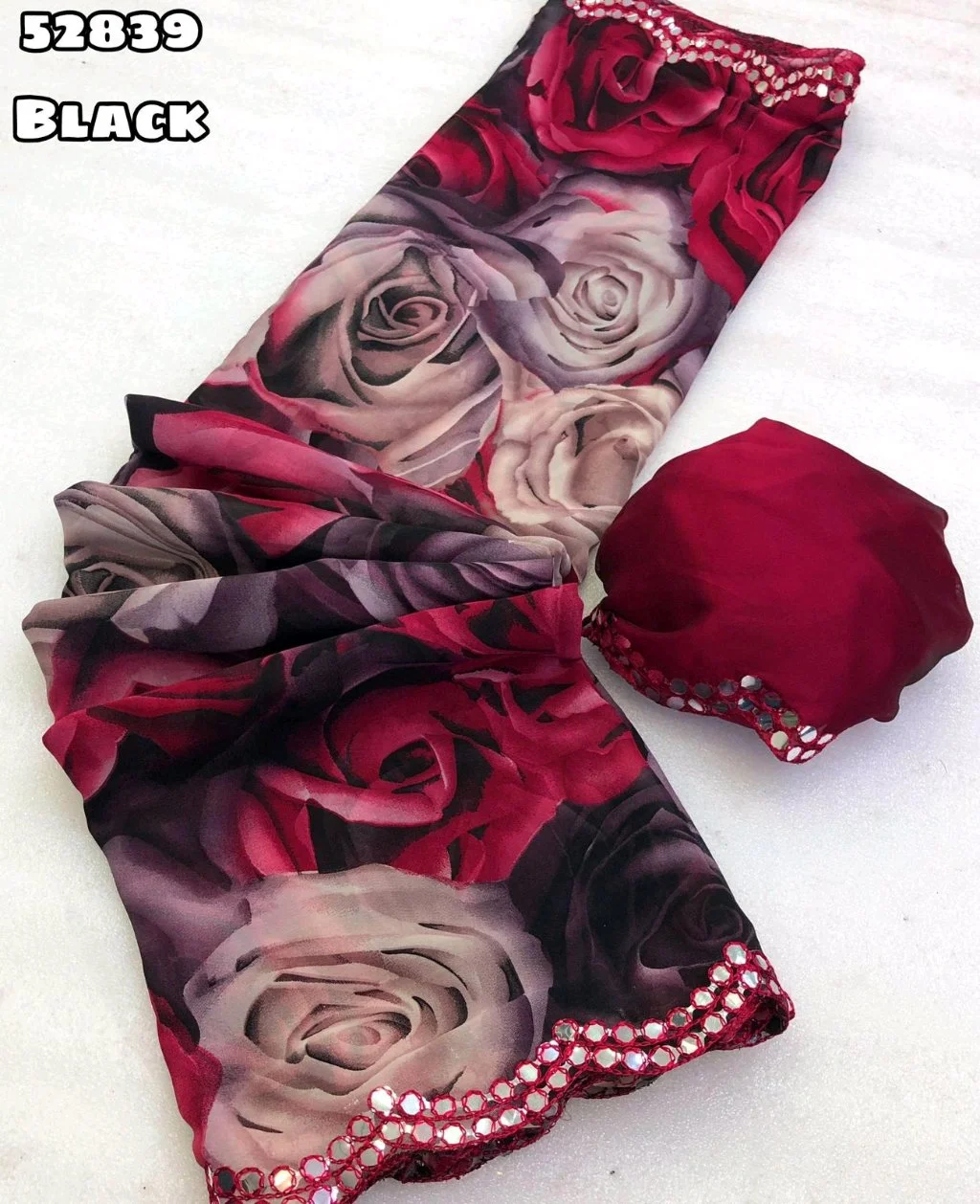 Black and Red Floral Print Saree with Mirror Work Border thumbnail 2