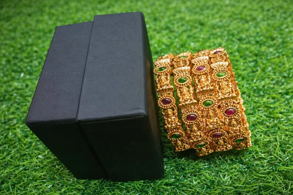 Gold Toned Temple Design Bangles with Green and Maroon Stones Size 2.4  Size 2.6 Size 2.8