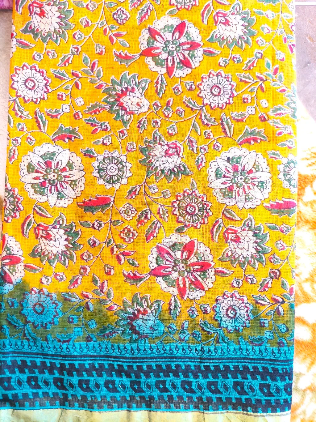 Yellow Floral Print cotton Saree thumbnail 2