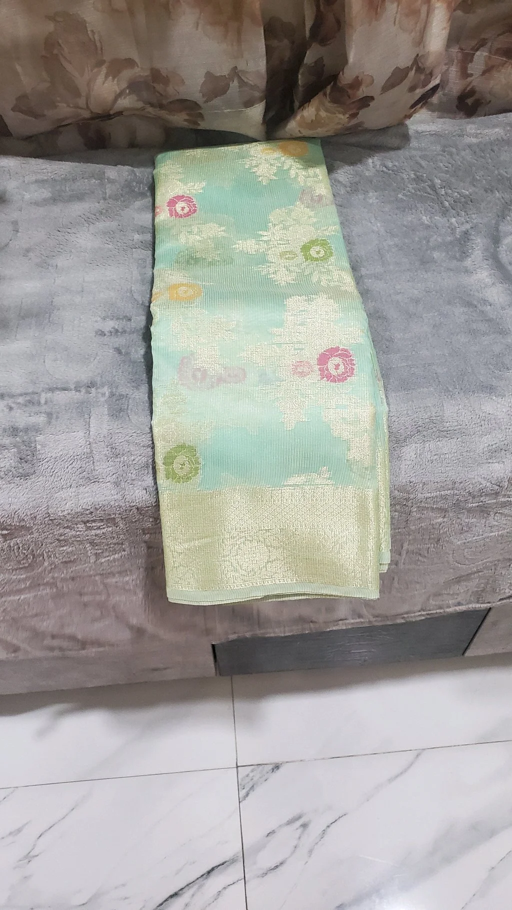 Light Green Banarasi Style  Manipuri Kota Saree with Floral Motifs and Gold Zari Border 3