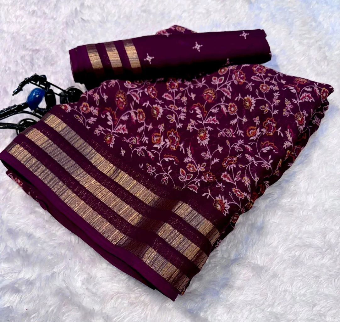 Teal Floral Print Saree with Zari Border thumbnail 2