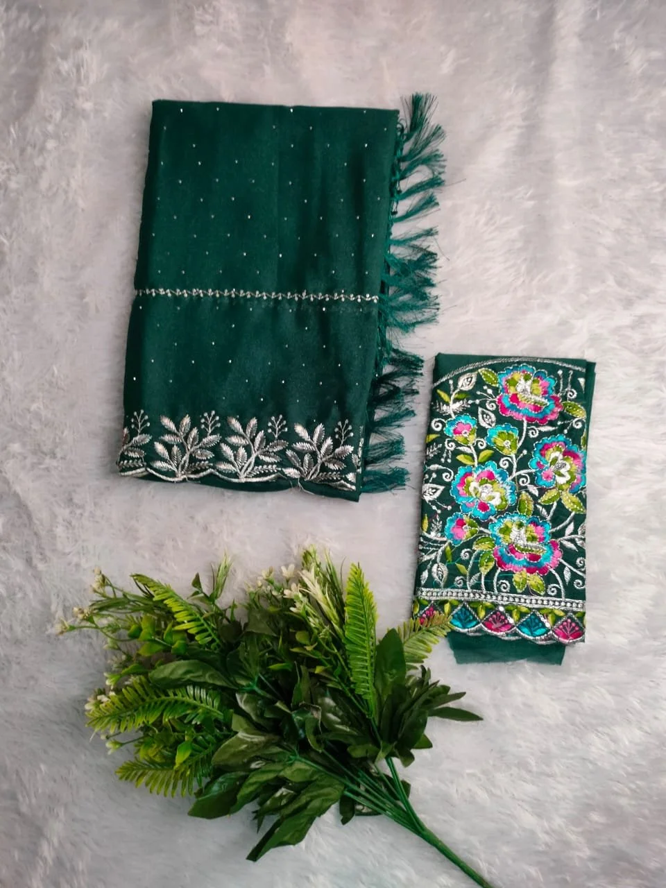 Dark Green Embroidered Dress Material with Floral Dupatta