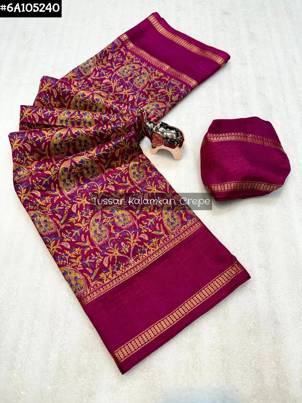 Blue Tussar Kalamkari Crepe Saree with Zari Border 3