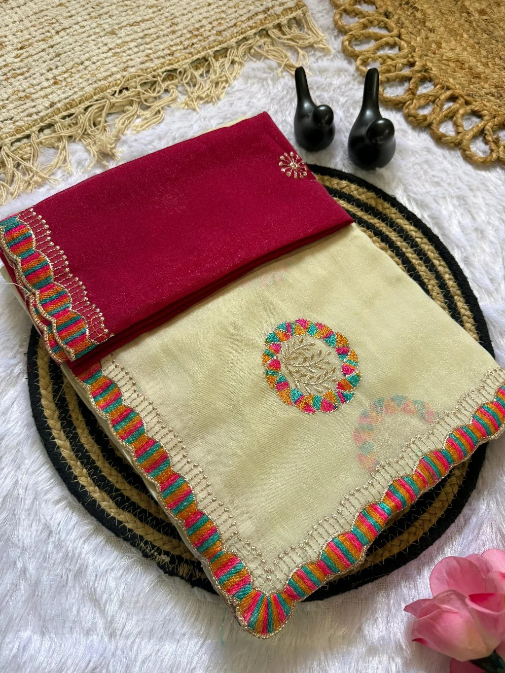 Cream Lightweight Saree with Multicolor Scalloped Embroidery 1