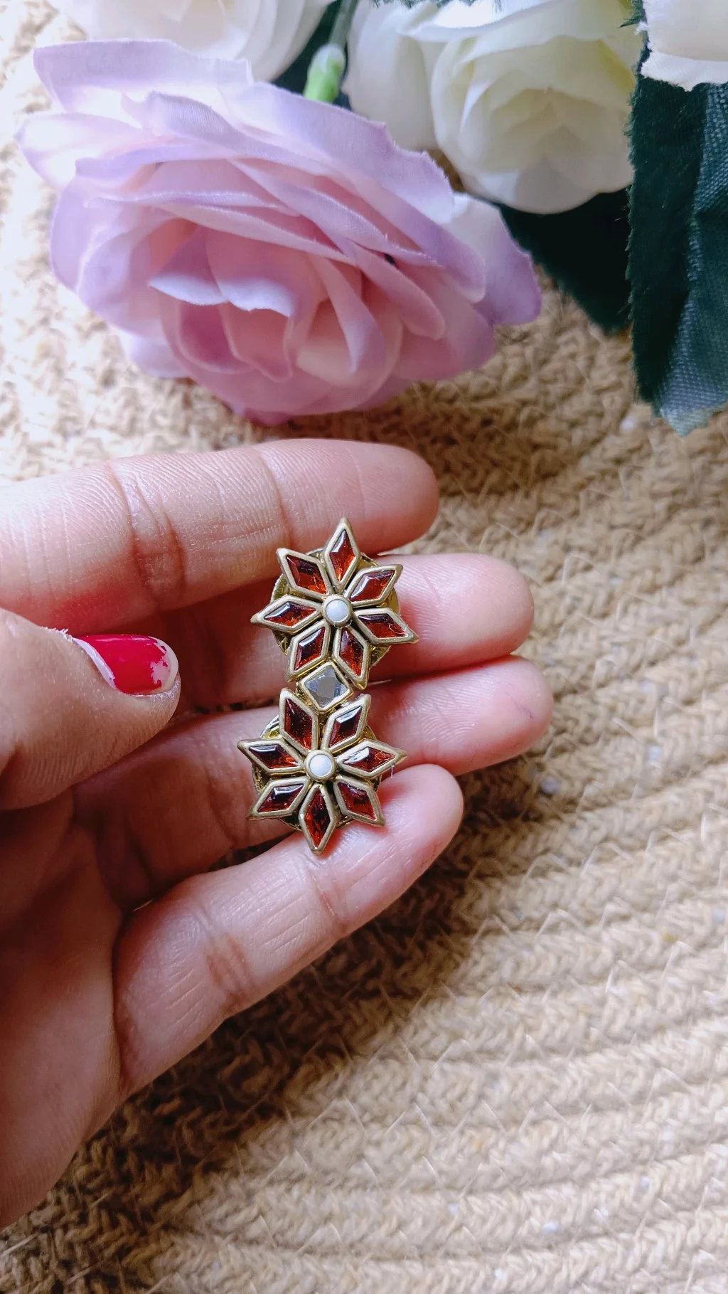 Traditional Star Shaped Red Stone and Pearl Saree Brooch Pin