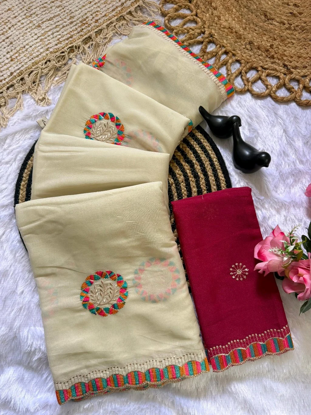 Cream Lightweight Saree with Multicolor Scalloped Embroidery 7