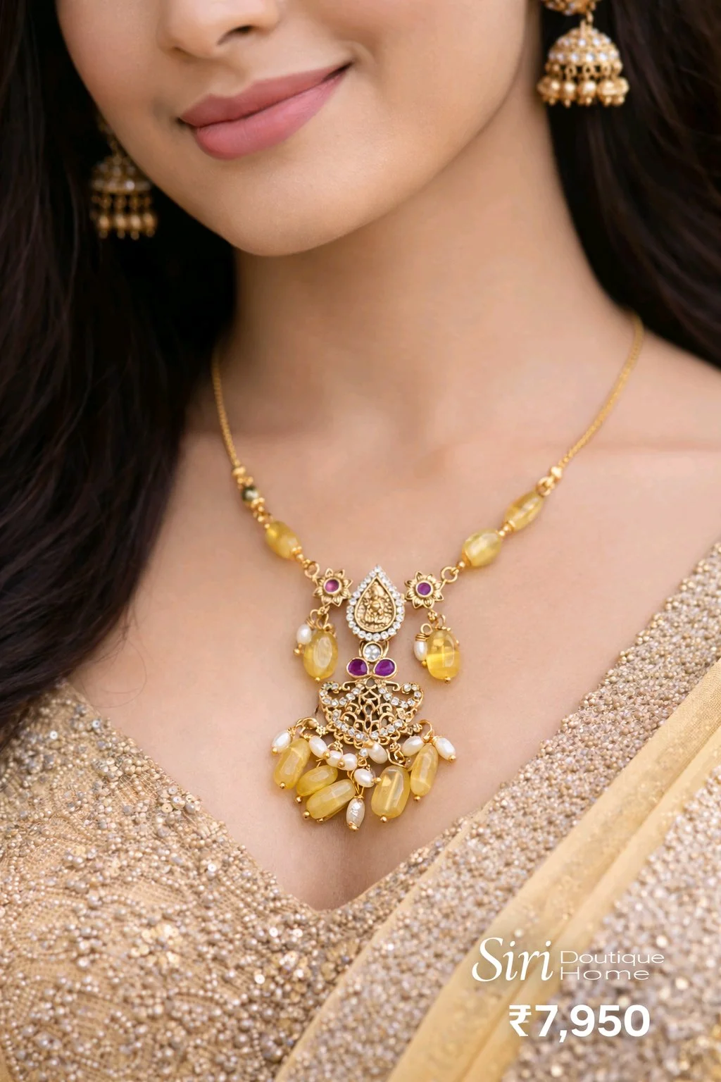 Gold Toned Traditional Necklace with Yellow Beads and Pearls thumbnail 4