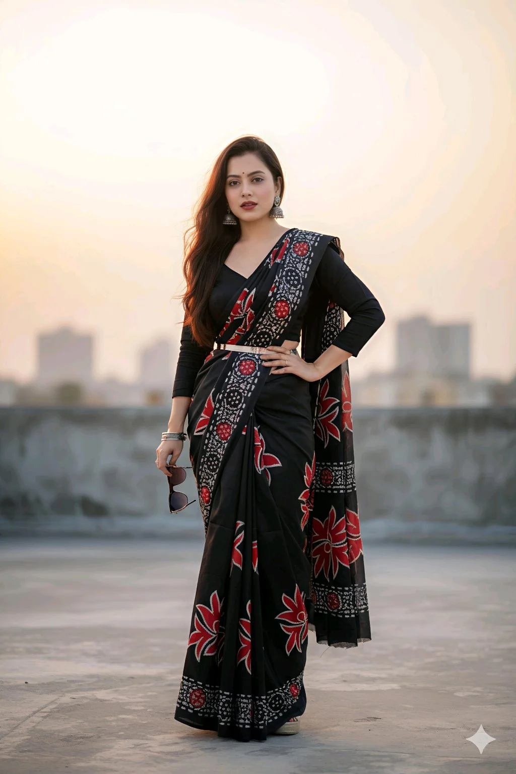 Black Floral Print Dola Silk Saree