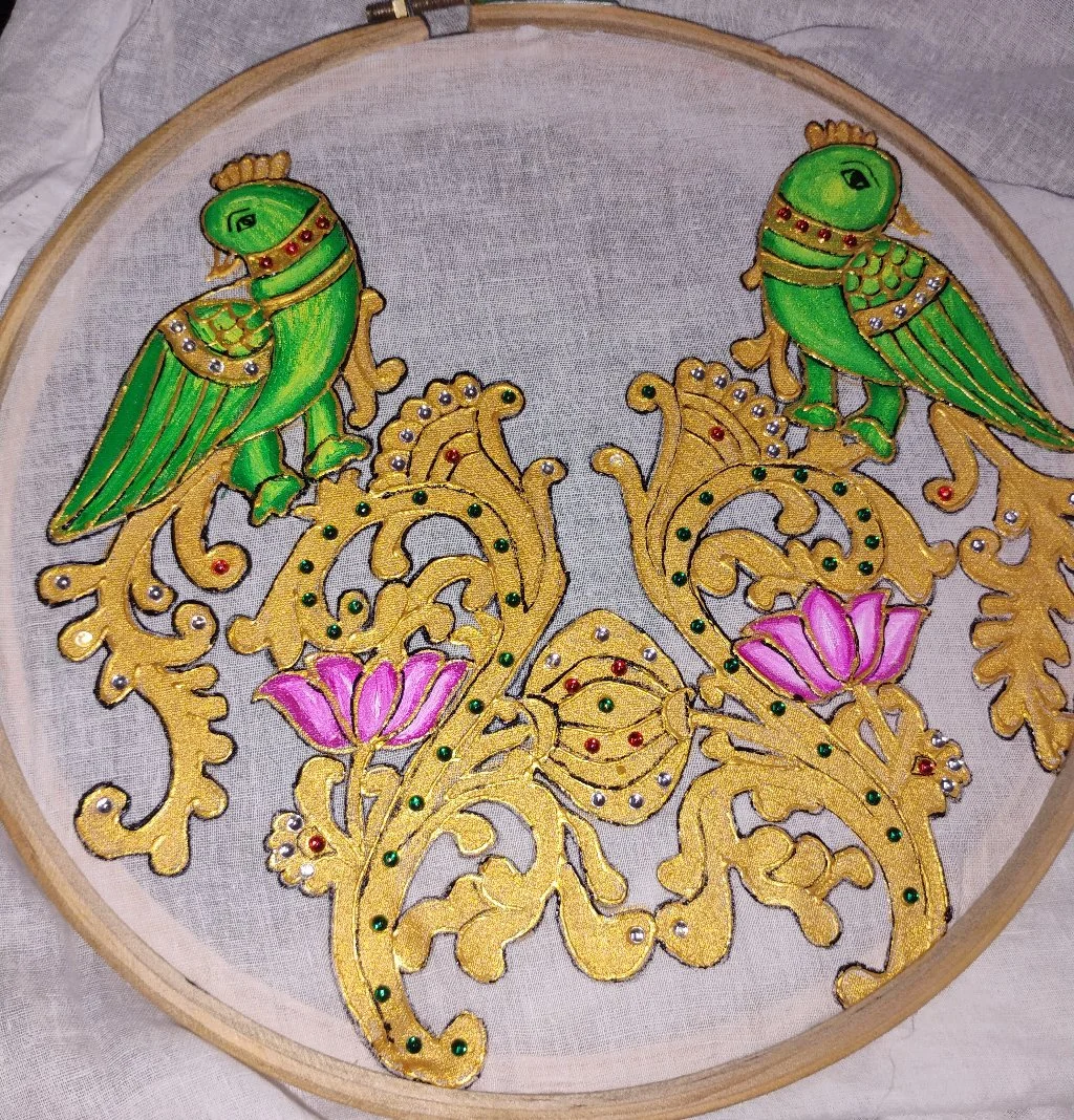 Tanjore Style Fabric Painting with Parrots and Lotus 1