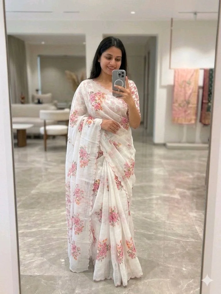 White Floral Print Saree with Scalloped Border 2