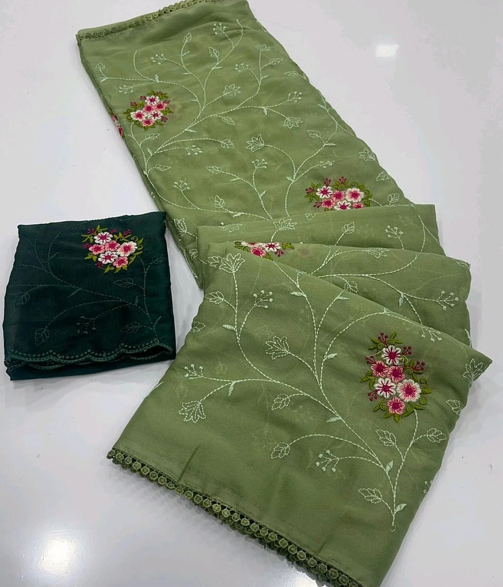 Georgette Saree with Floral Embroidery Design thumbnail 7