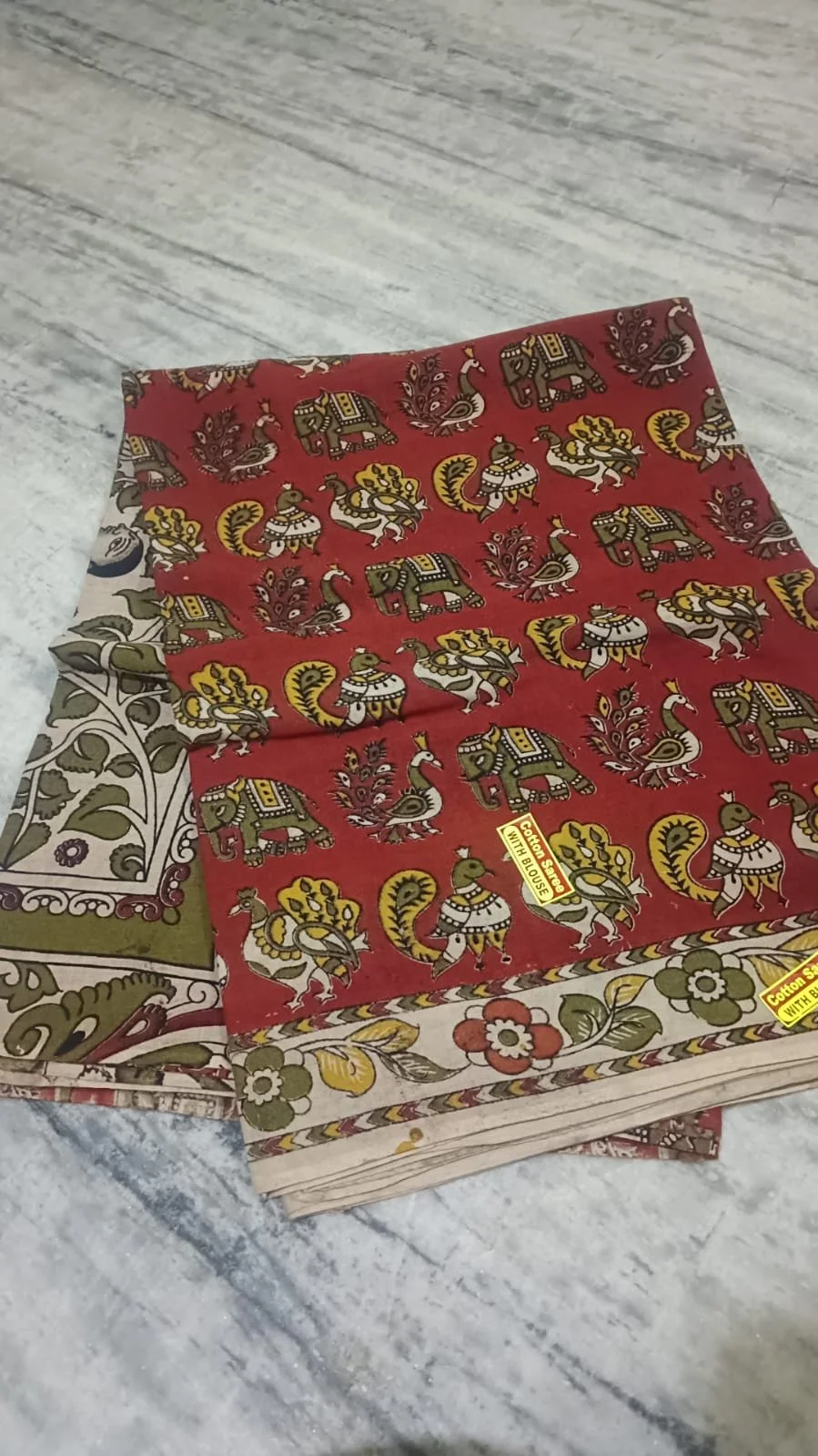 Red Kalamkari Cotton Saree with Elephant and Peacock Motifs
