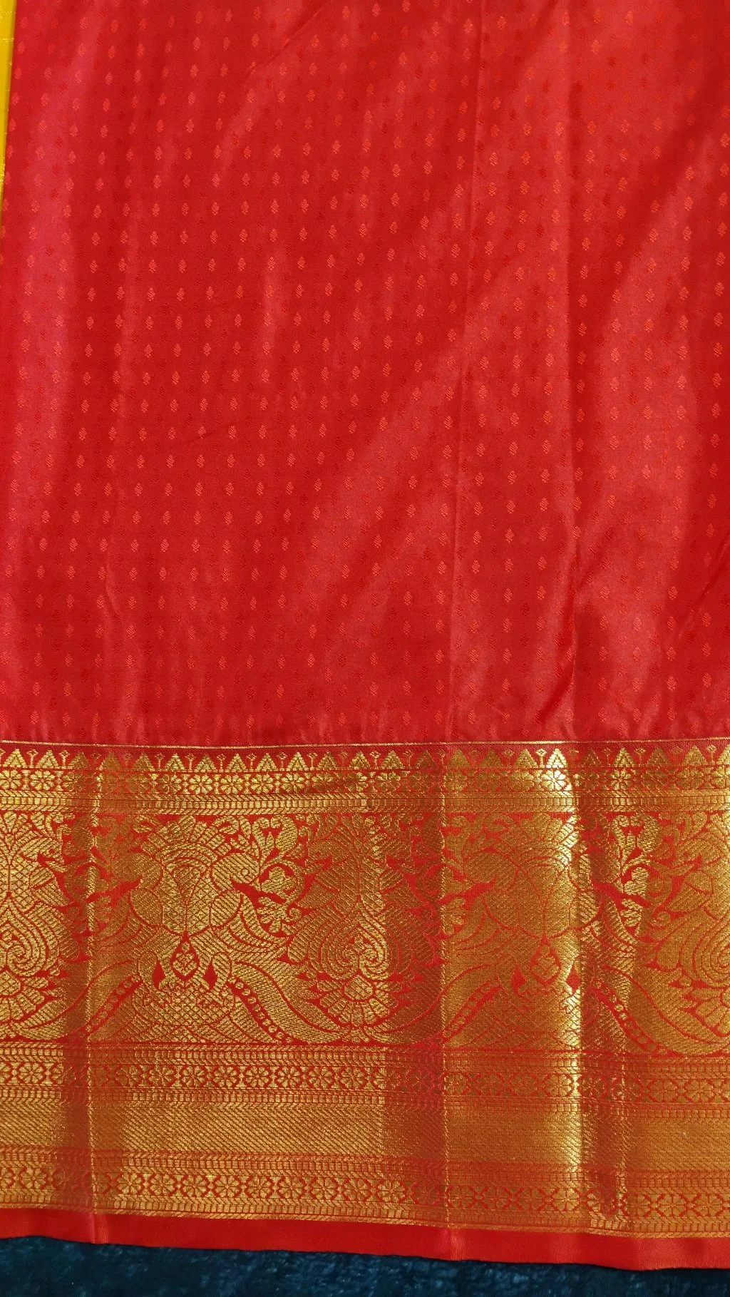 Pure Dharmavaram Yellow Saree with Red and Gold Zari Border thumbnail 4