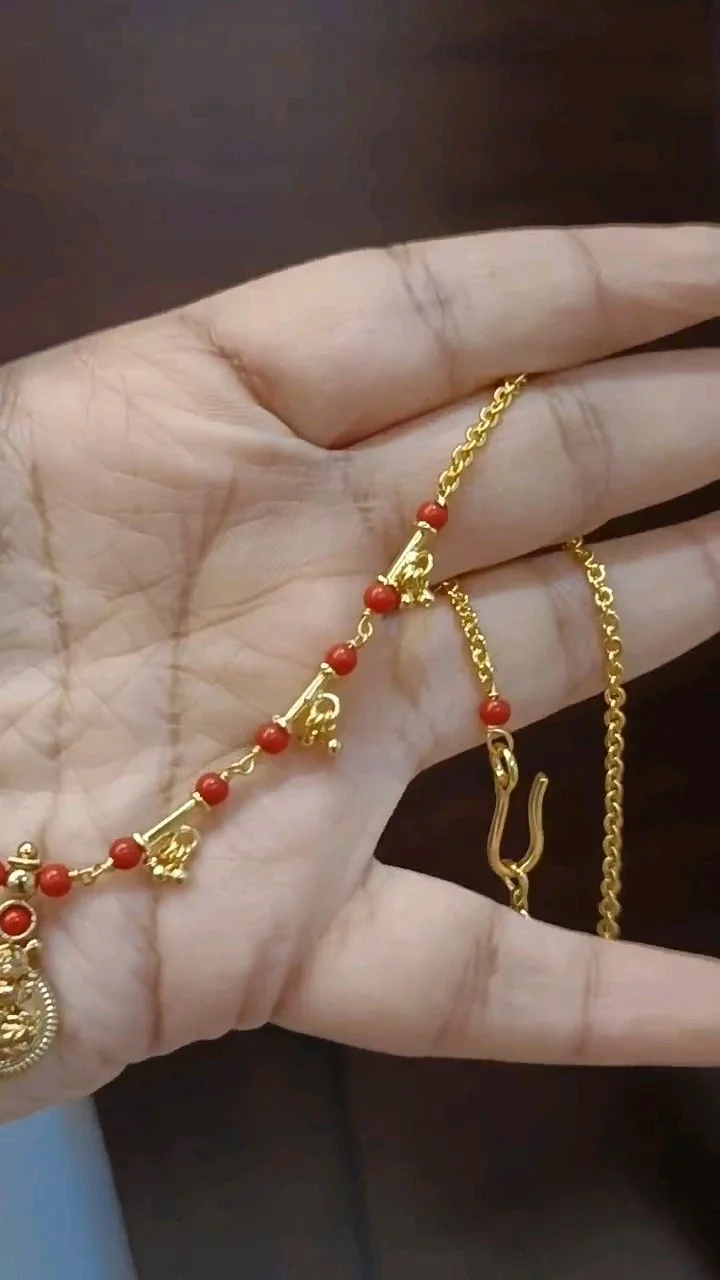 Gold Plated Red Bead Chain with Lakshmi Pendant thumbnail 2