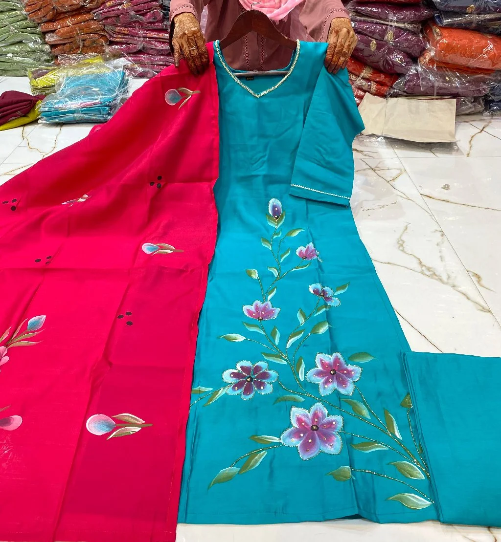 Roman silk fabricHandpainted Floral Kurta Set thumbnail 1