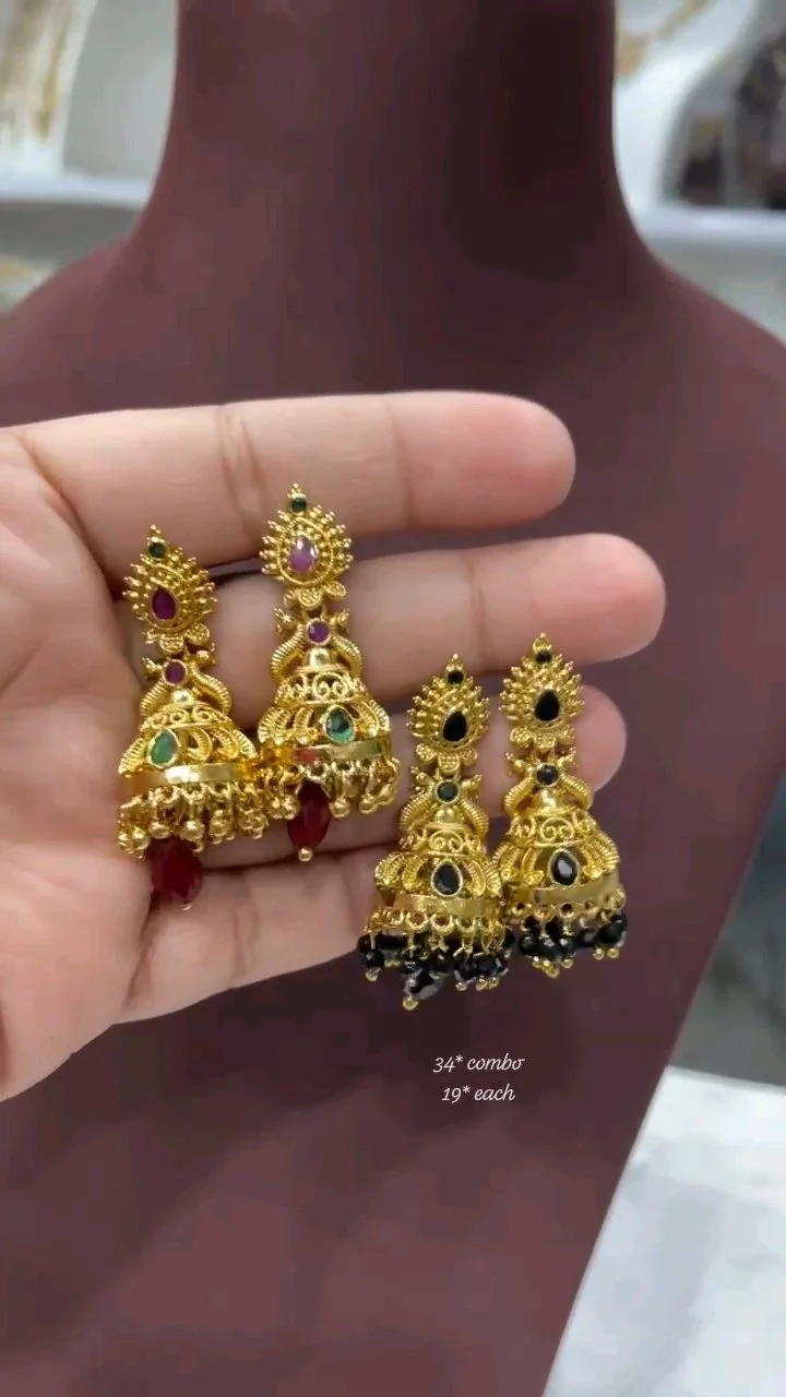 Gold Plated Black Beaded Mangalsutra with Lakshmi Pendant and Earrings thumbnail 2