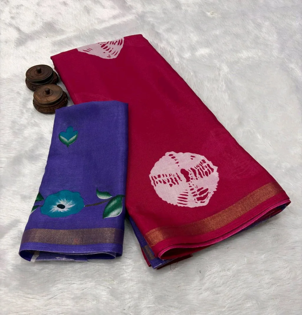 Mul Mul Cotton  Saree with Handpainted Floral Blouse Piece 1