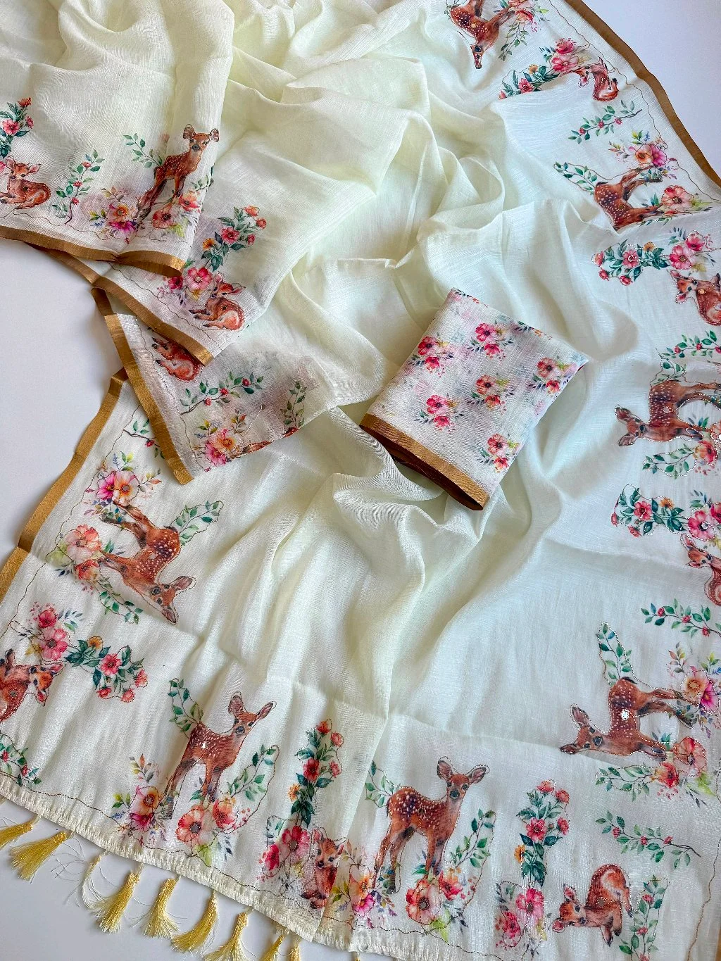 Off-White Cotton Linen Saree with Fawn and Floral Digital Print thumbnail 4