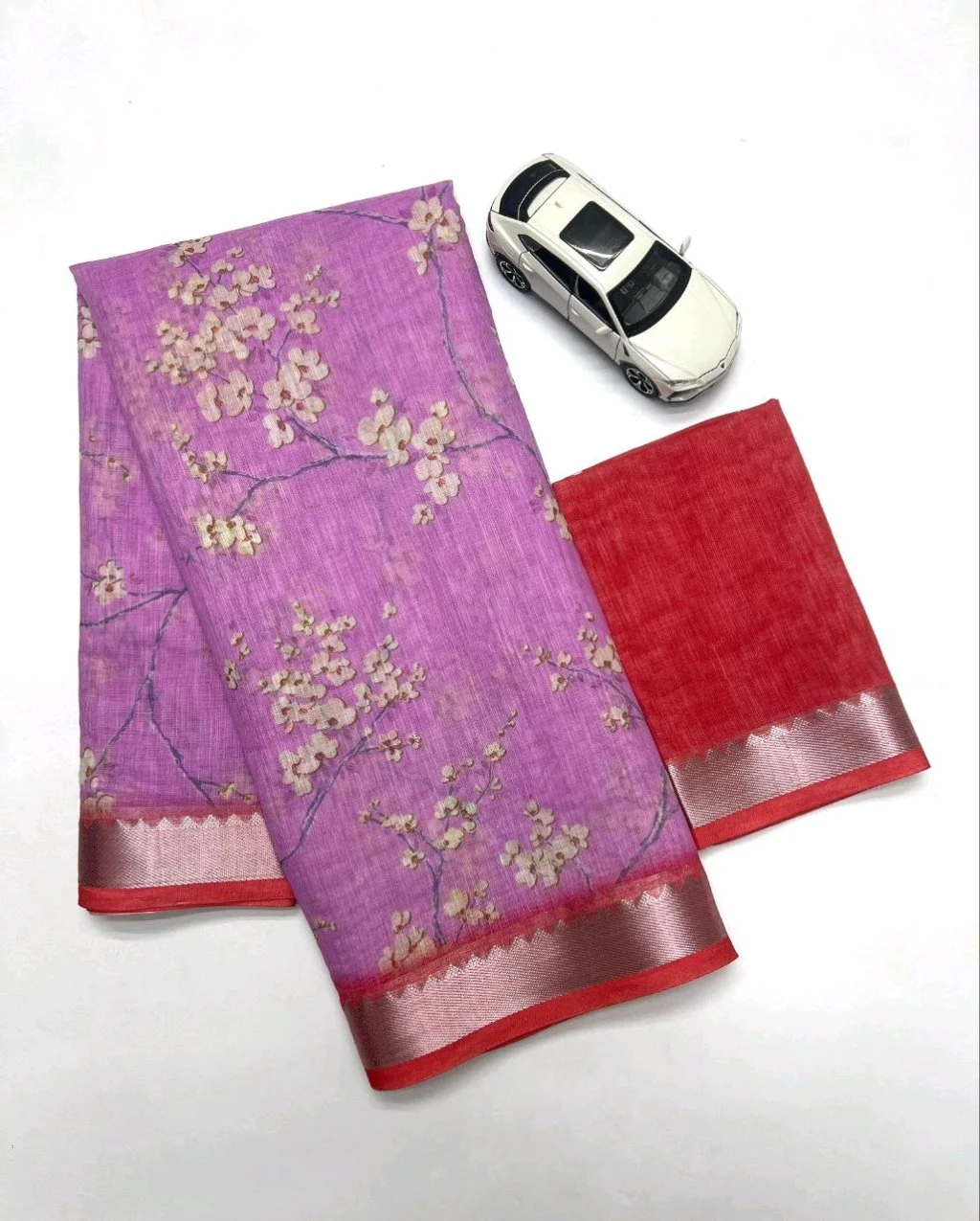 Soft Floral Linen Saree with Teal Blouse Piece thumbnail 3