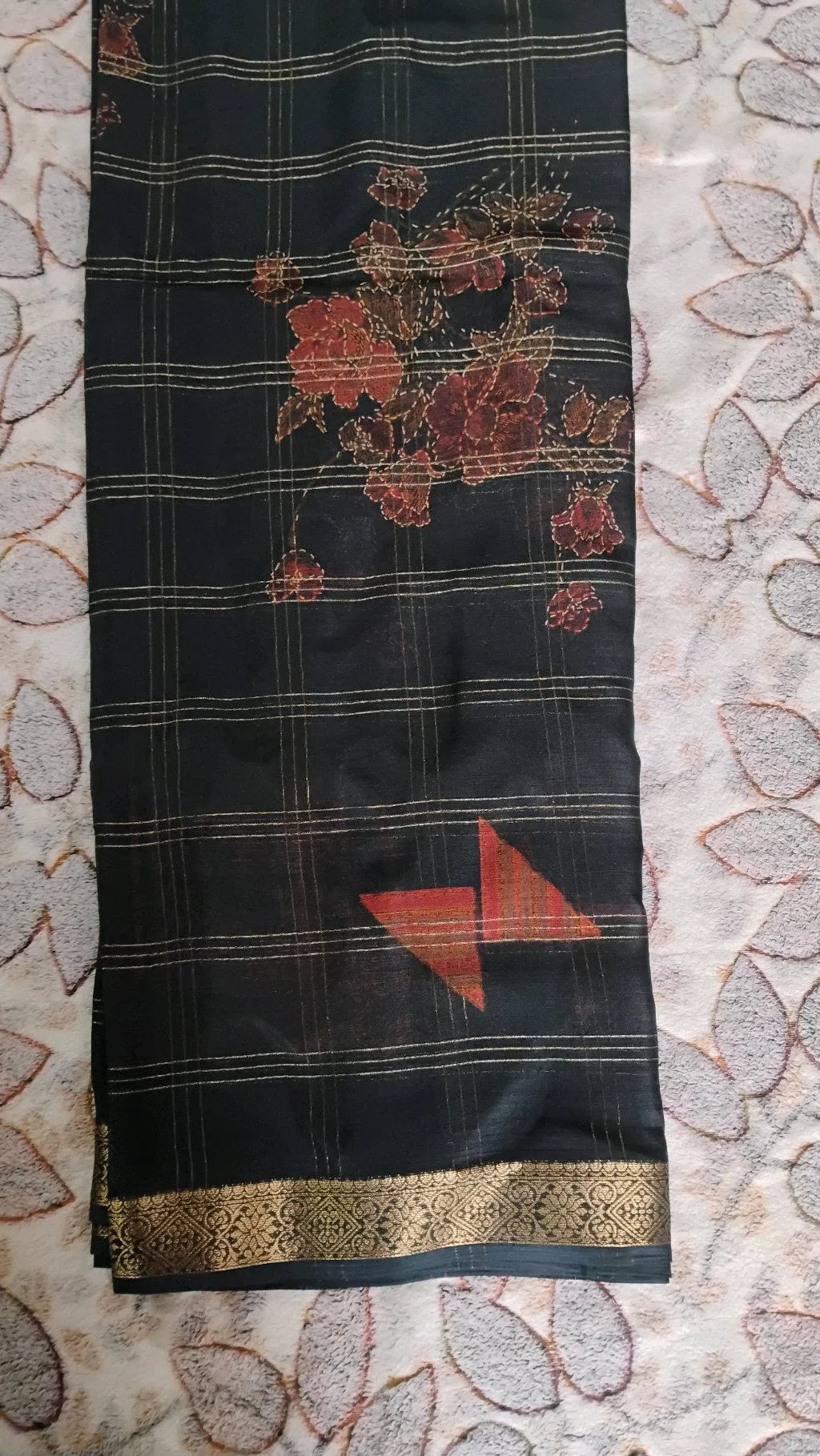 Black Silk Blend Saree with Gold Checkered Pattern and Floral Print thumbnail 3
