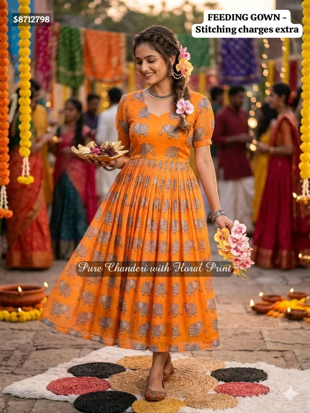 ATB Saree's From the house of CF Saree's Launching Exclusive Chanderi Silk Floral Printed Collection's $8712798New Launching Summer Special Kalamkari Midi Gowns. MATERNITY / FEEDING FROCK OPTION ALSO AVAILABLE.GownGown Fabric : Pure Chanderi Gown Work : Floral PrintedStitchingSize:- M Up to L XL Up to XXL (Fully Stitched) Length : 48" Shoulder : 15 Flair : 3.5 MTR Lining : Micro CottonFeeding Gown Stitching Charges Extra: 150/- Wow Price @1000 Free Ship 100% Orignal Quality We Promise PQR Price Quality and Range Single and Multiples Available Note - colors may vary slightly due to photography and display strictly no exchange or return for color variations unpacking video must for any sort of complaint. 5