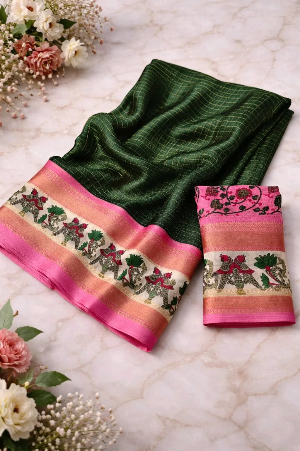 Mysore Silk Saree with Peacock and Lotus Border thumbnail 4
