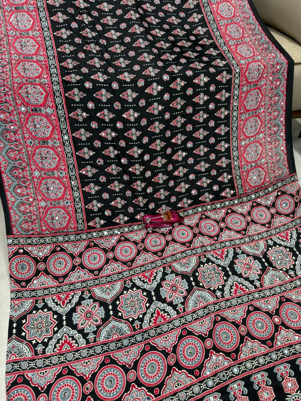 Black Ajrakh Print Saree with Red and Grey Patterns and Mirror Work 1