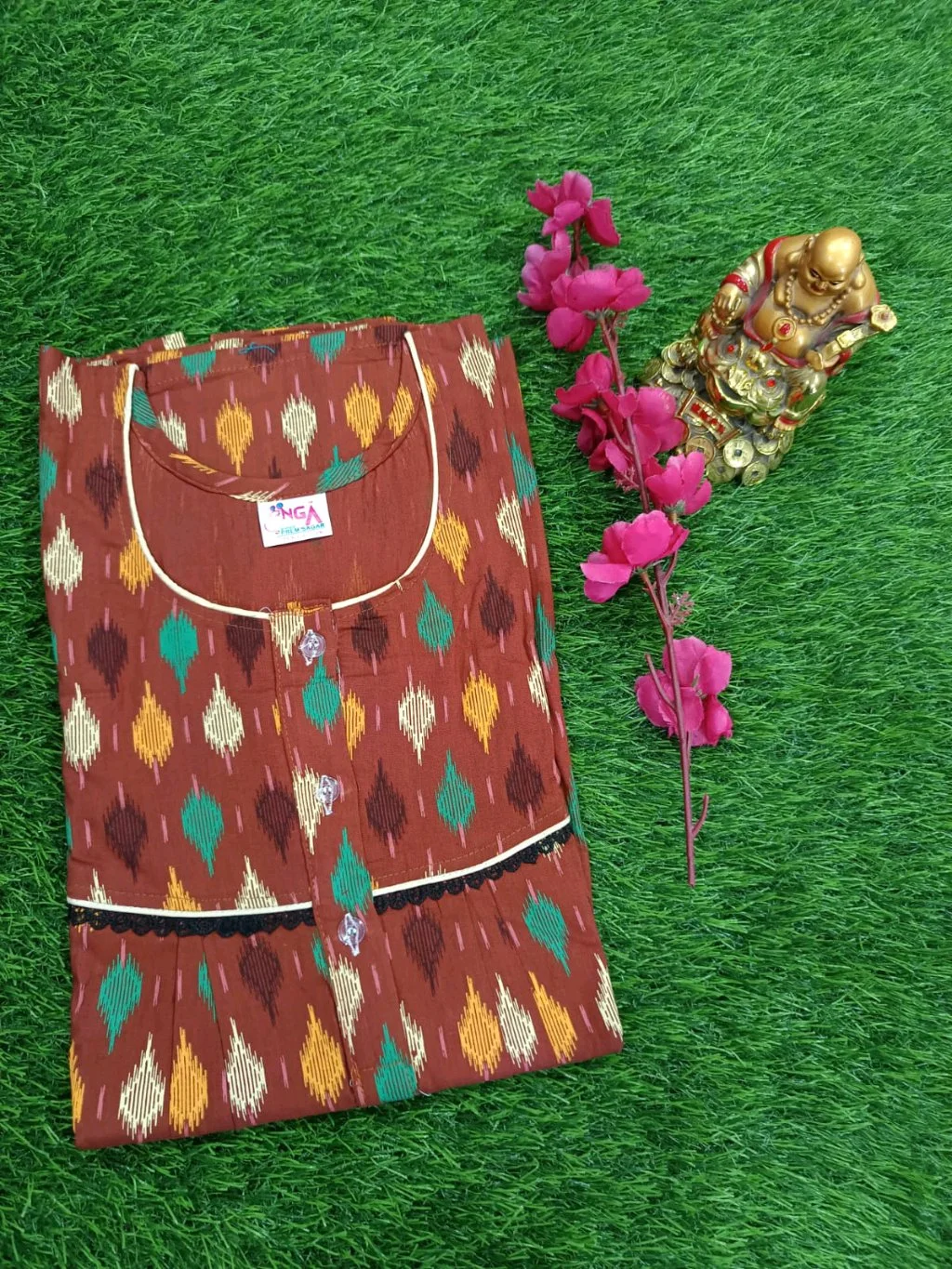 Brown Ikat Print Cotton Kurti with White Piping