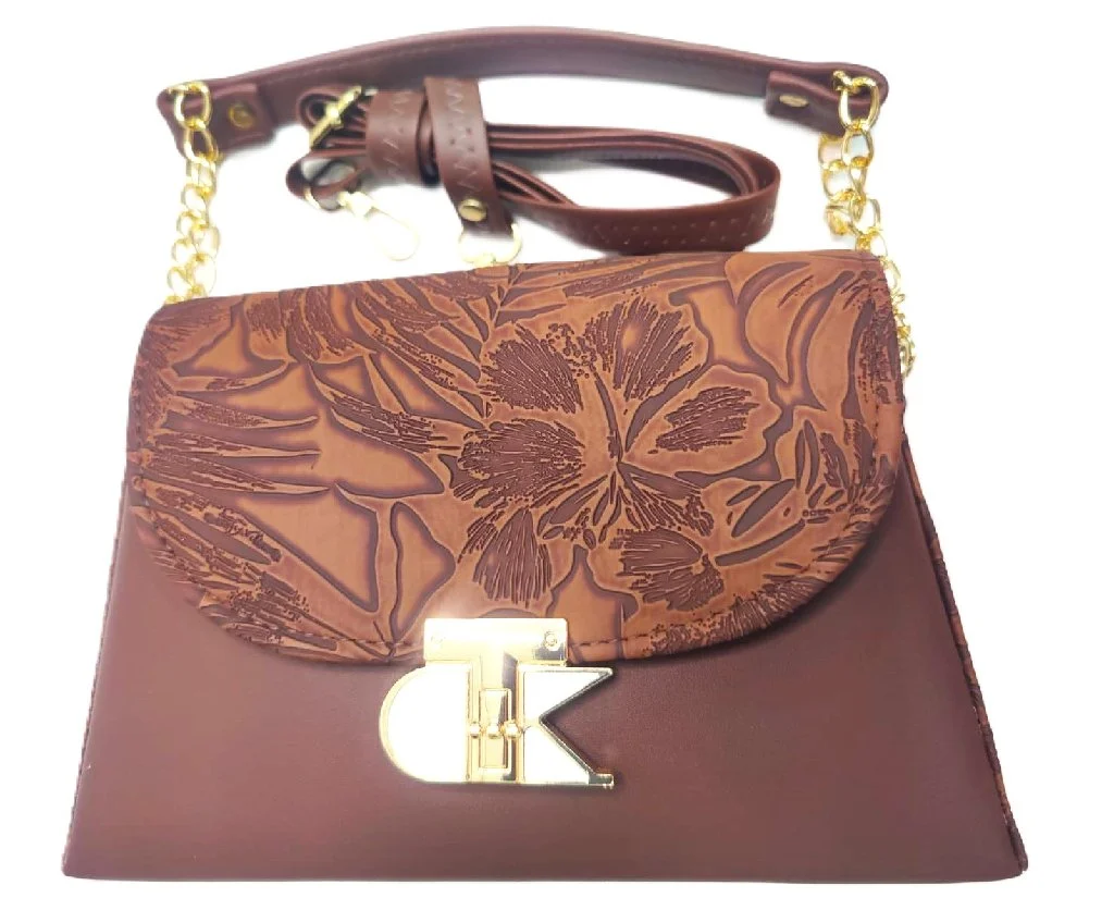 Brown Floral Patterned Flap Sling Bag with CK Clasp