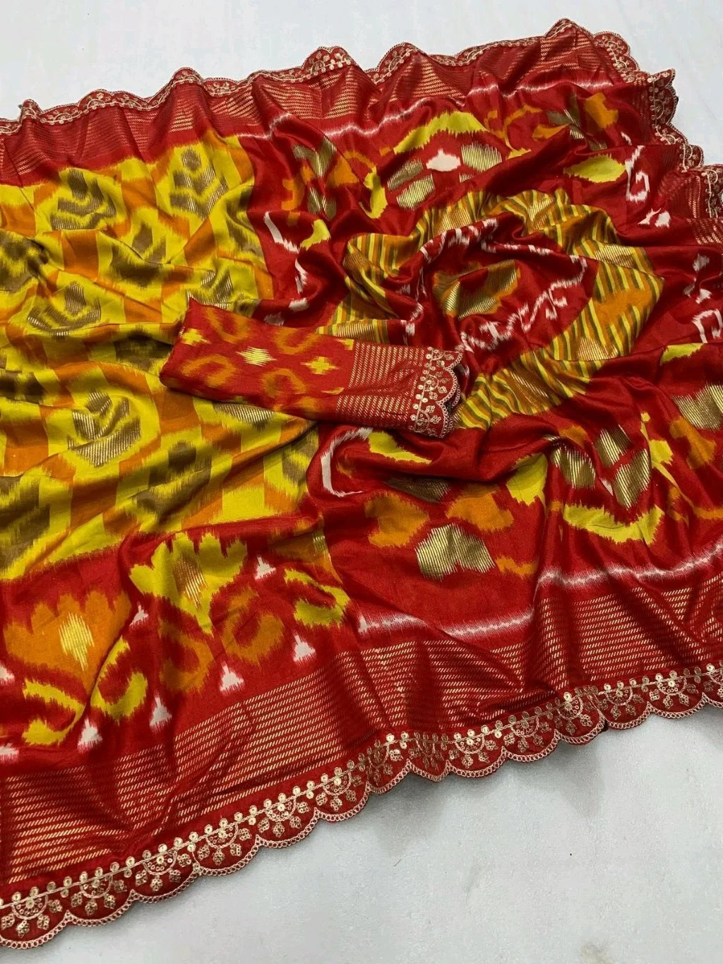 Red Ikat Saree with Blue Striped Pallu 8