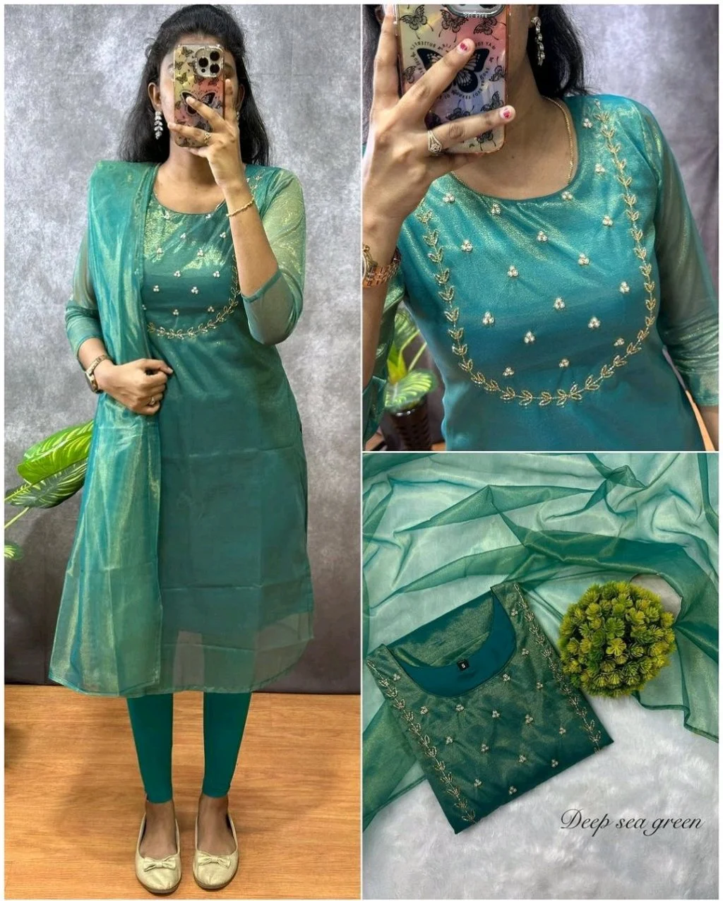 Rani Pink Embroidered Organza Kurti Set with Dupatta 6