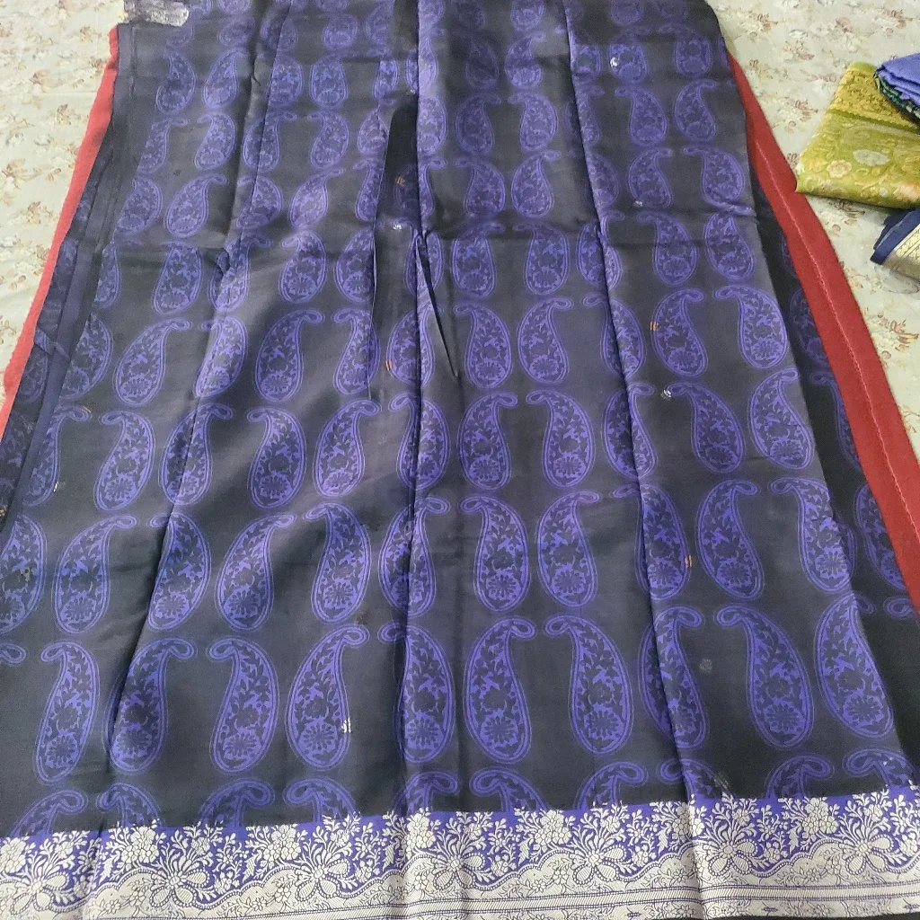 Dark Black Paisley Pure Silk Saree with Silver  Thread Border 2
