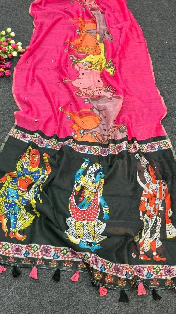 Horse Print Mirror Work Saree with Tassels 2