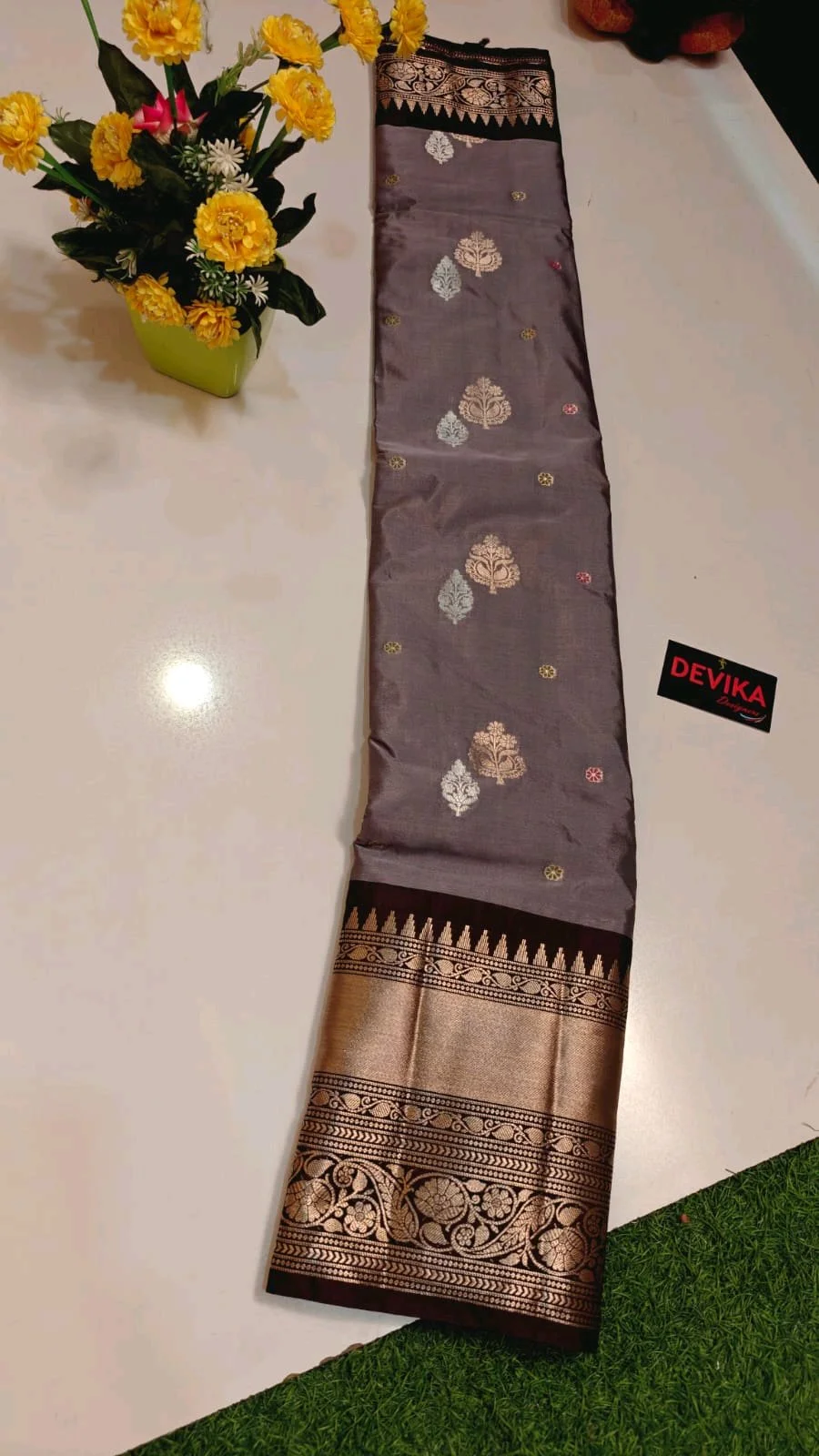 Grey and Maroon Silk Saree with Zari Motifs and Border thumbnail 2