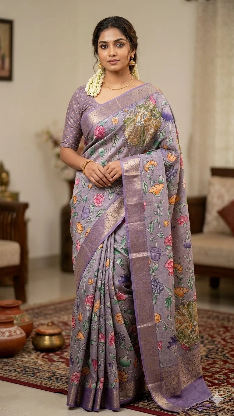 Lavender Floral Peacock Print Saree with Zari Border