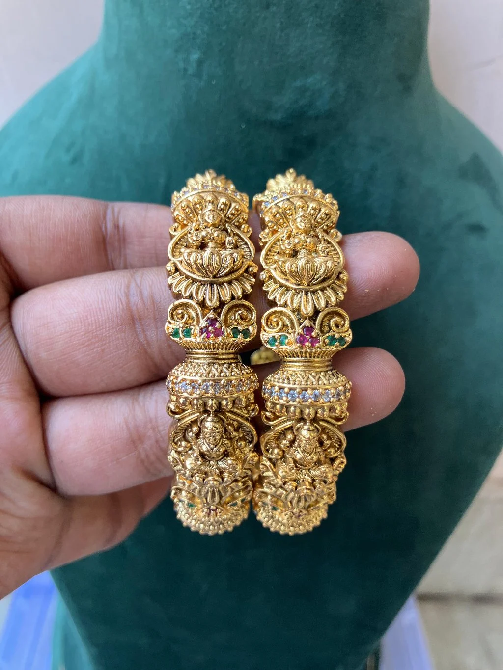 Gold Plated Temple Design Bangles with Stones