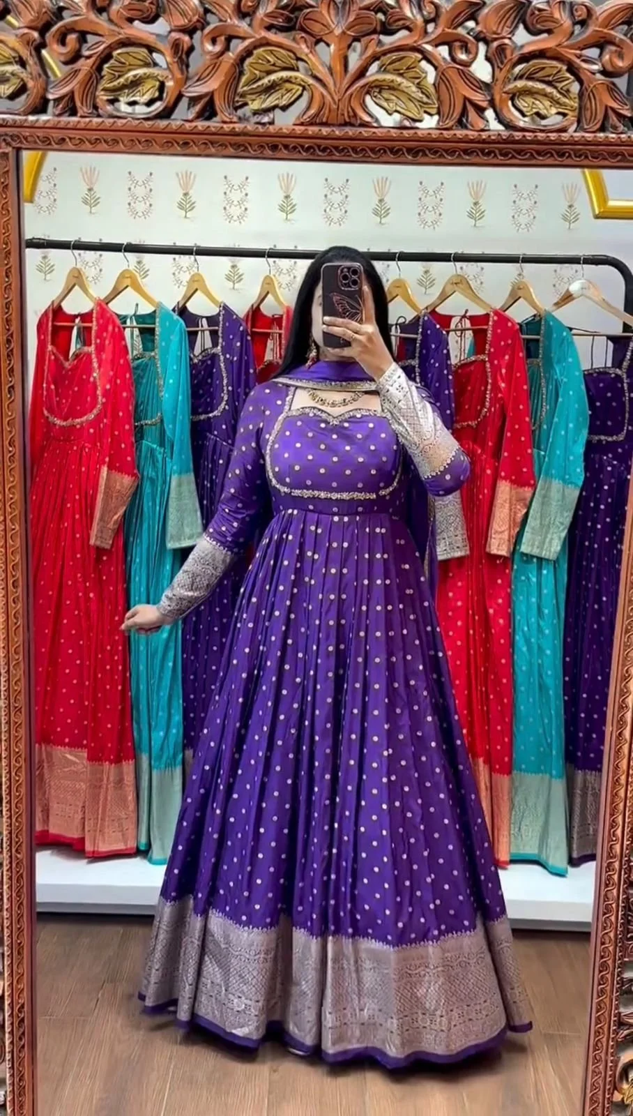 Anarkali Gown with Gold Zari Border and Dupatta 2
