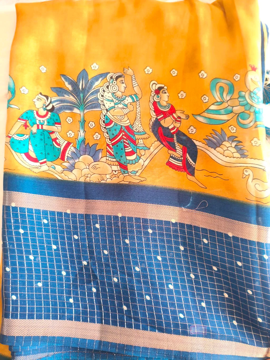 Mustard Yellow and Blue Kalamkari Print Saree 1