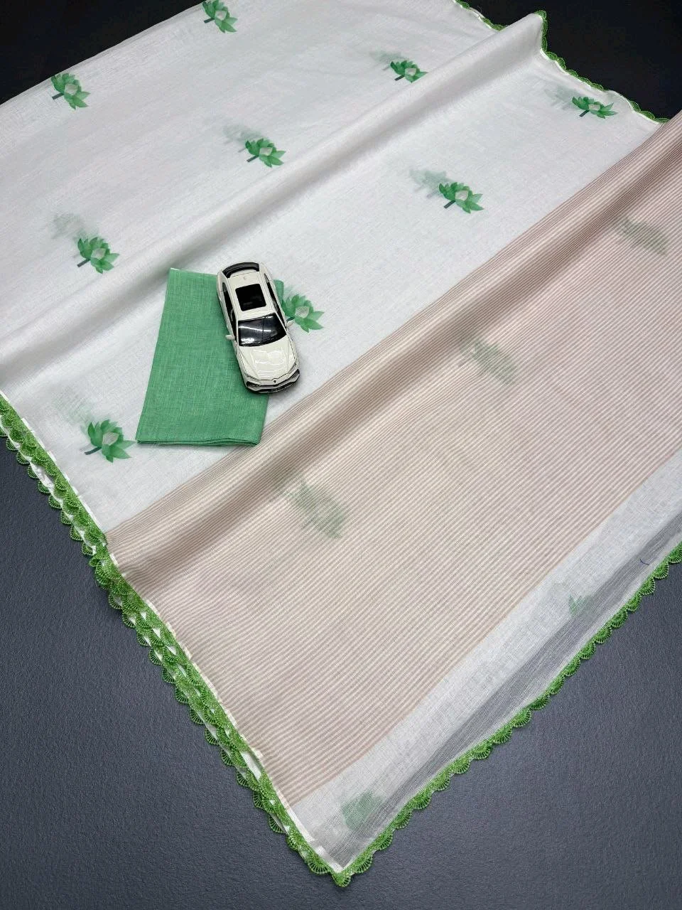 White Lenin Saree with Purple Lotus Motifs and Crochet Border 4