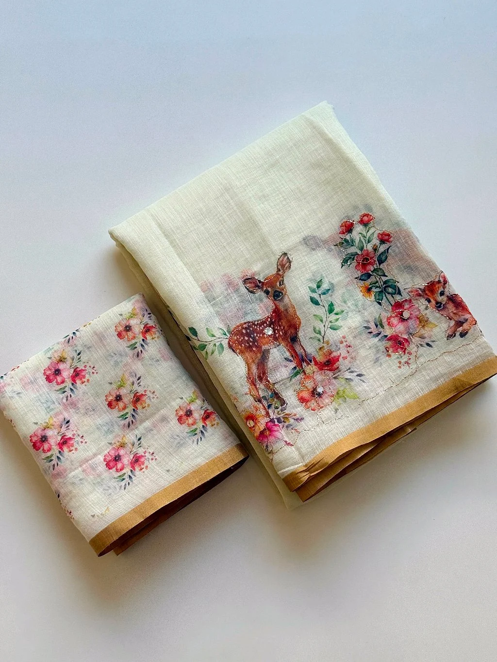 Off-White Cotton Linen Saree with Fawn and Floral Digital Print thumbnail 1