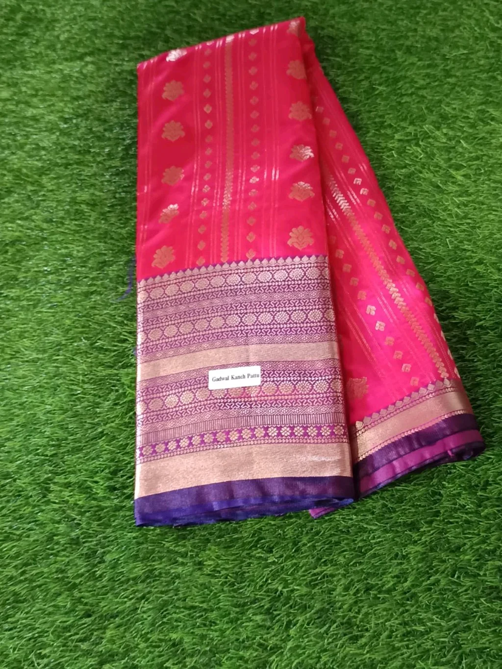 Pink Gadwal Kanch Pattu Saree with Gold Zari and Purple Border